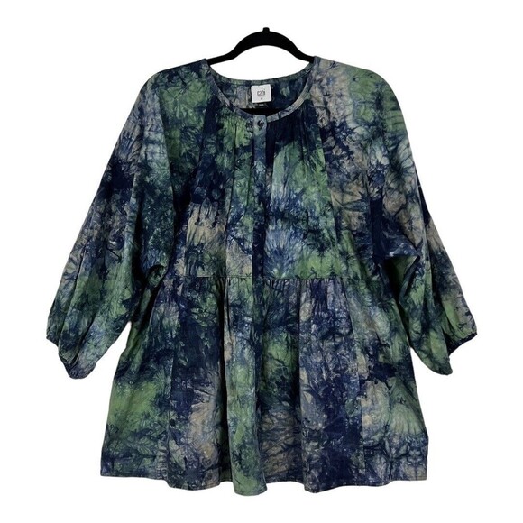 CAbi Size Medium Woodstock Top Blouse Tie Dye Blue Linen Blend #5714 - Picture 1 of 5